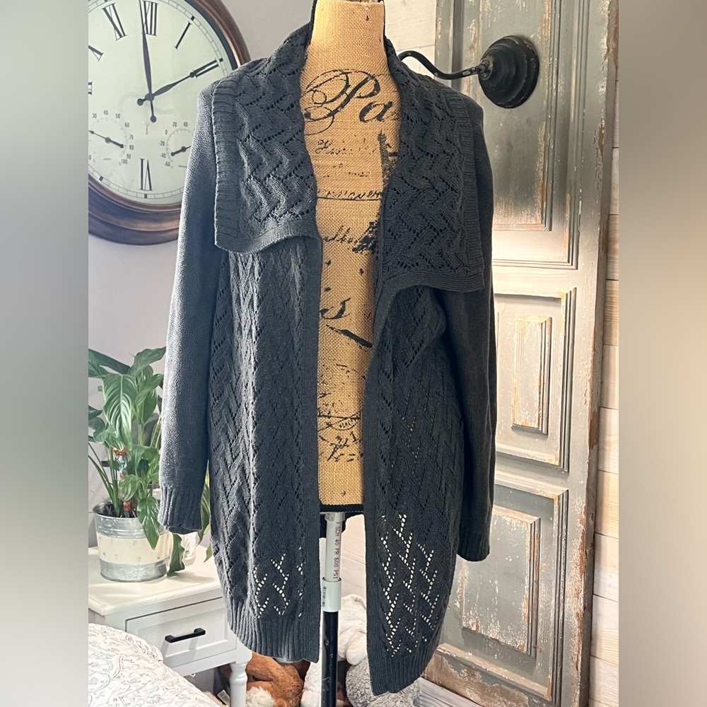 Open Front Black Knit Cardigan with Shawl Collar